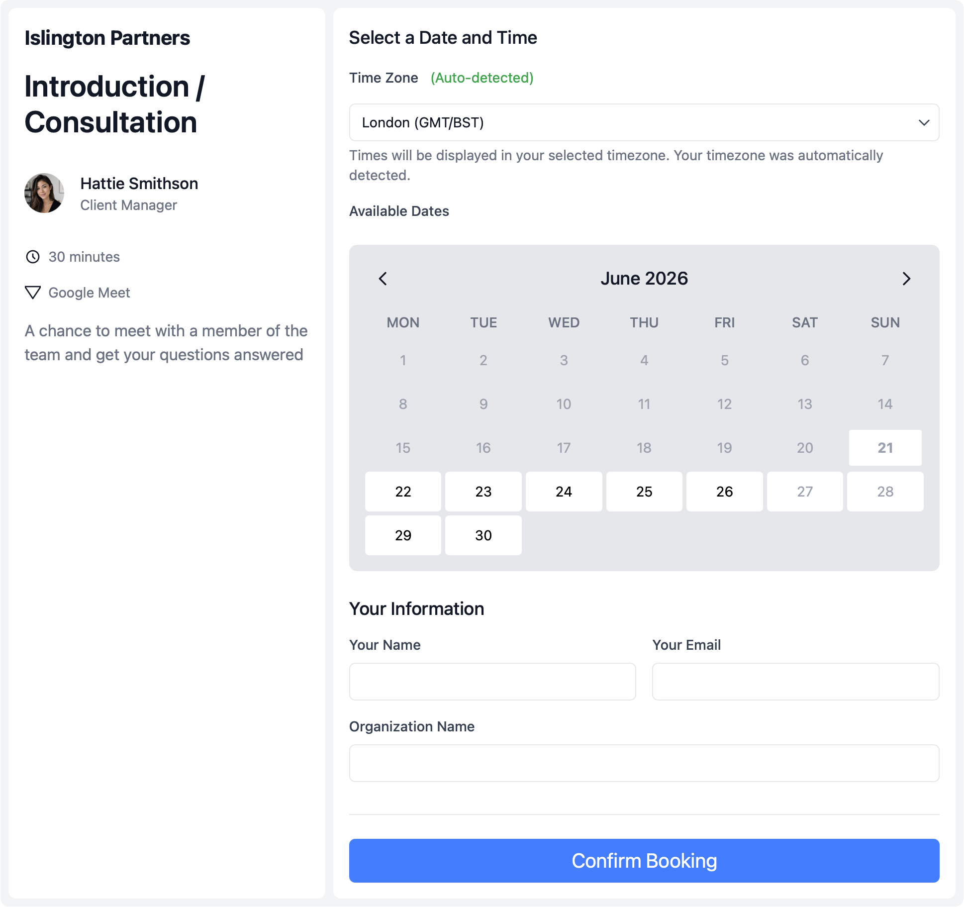 Client-facing calendr.so booking page showing open appointment times based on connected Google Calendar availability
