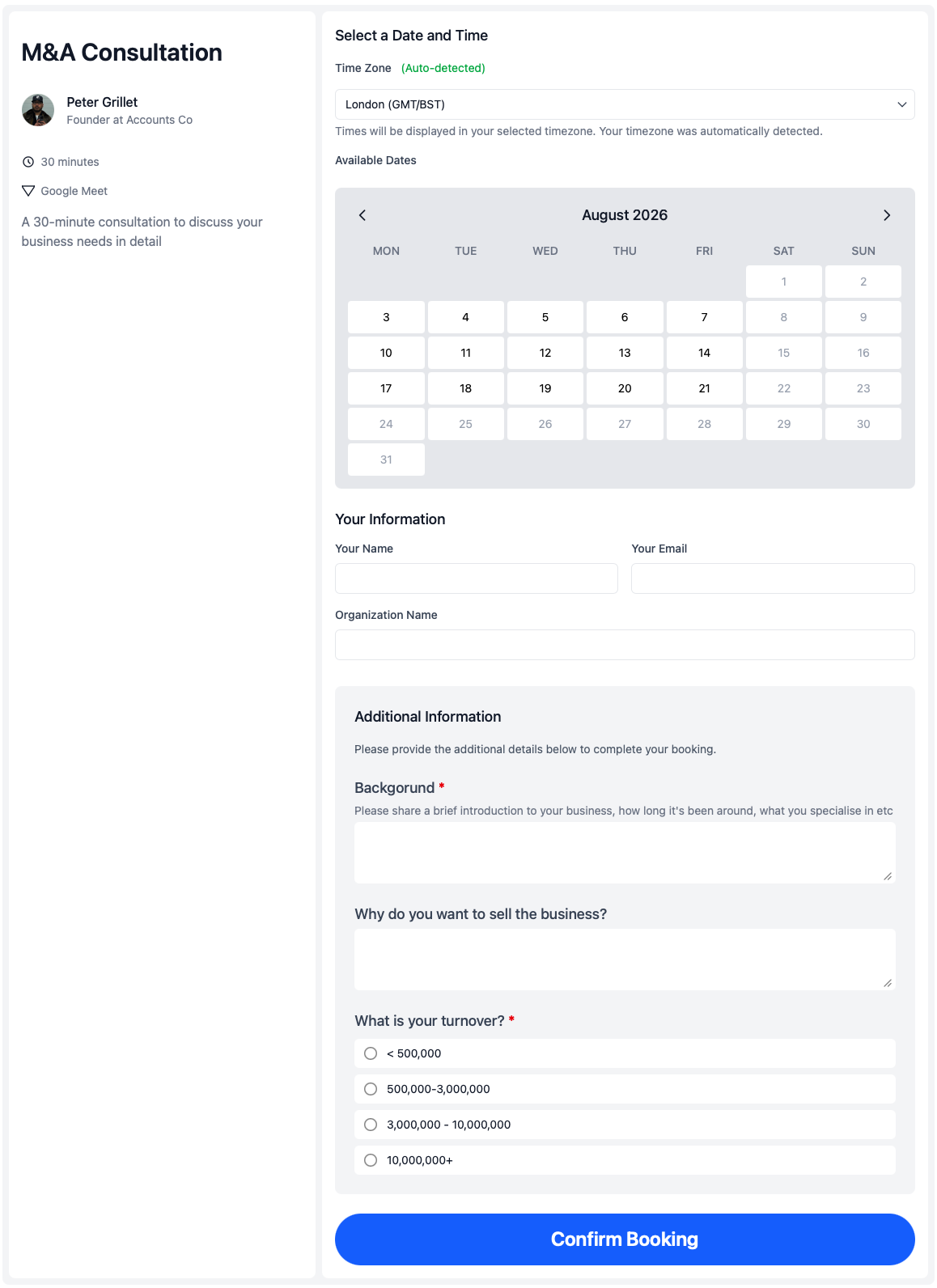 Client-facing booking page in calendr.so showing an additional information form before the appointment is confirmed