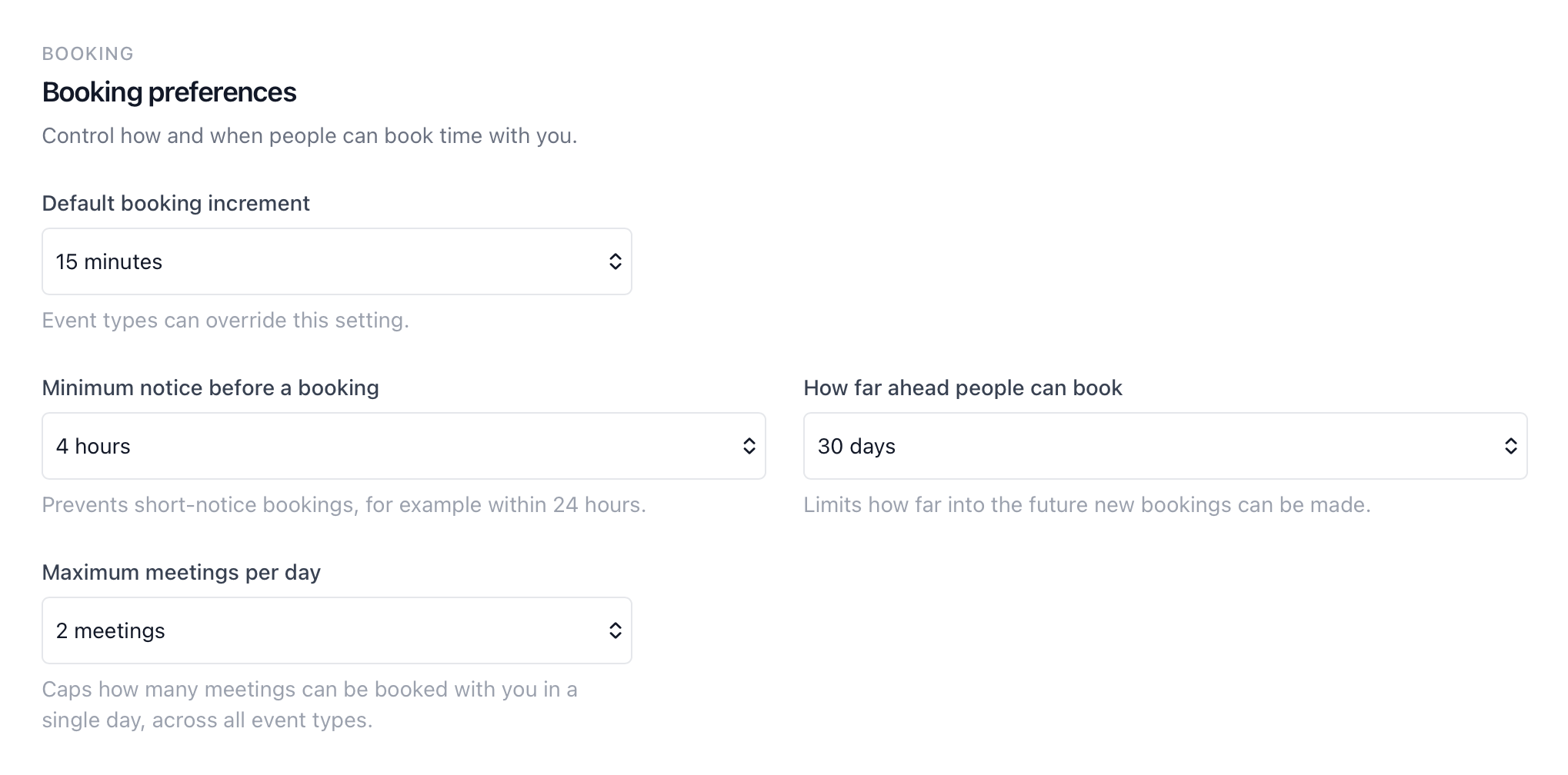 Booking preferences in calendr.so showing default booking increment, minimum notice before a booking, and how far ahead people can book