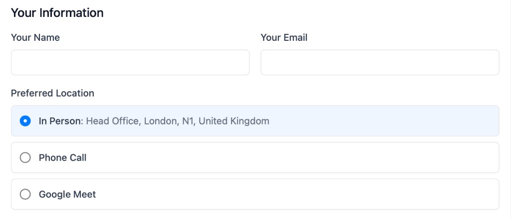 Booking page in calendr.so letting clients choose phone, video, or in-office meeting location